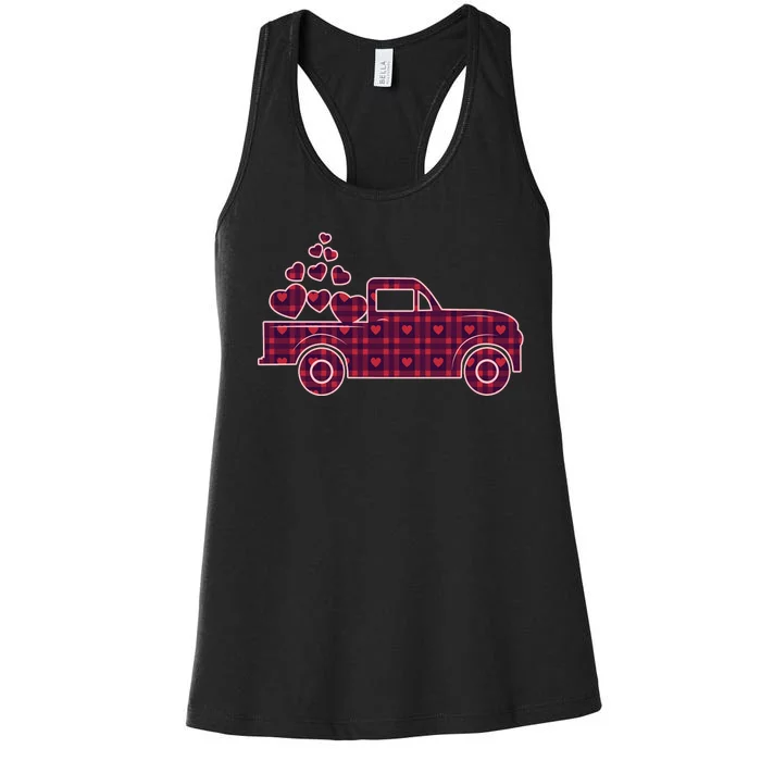 Cute Valentine's Day Plaid Pickup Truck With Hearts Women's Racerback Tank