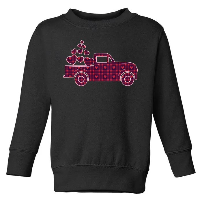 Cute Valentine's Day Plaid Pickup Truck With Hearts Toddler Sweatshirt