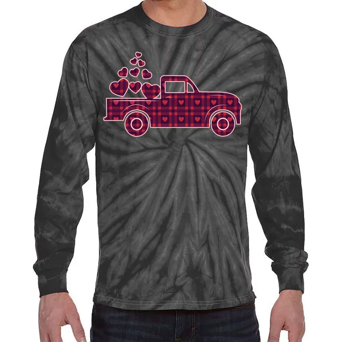 Cute Valentine's Day Plaid Pickup Truck With Hearts Tie-Dye Long Sleeve Shirt