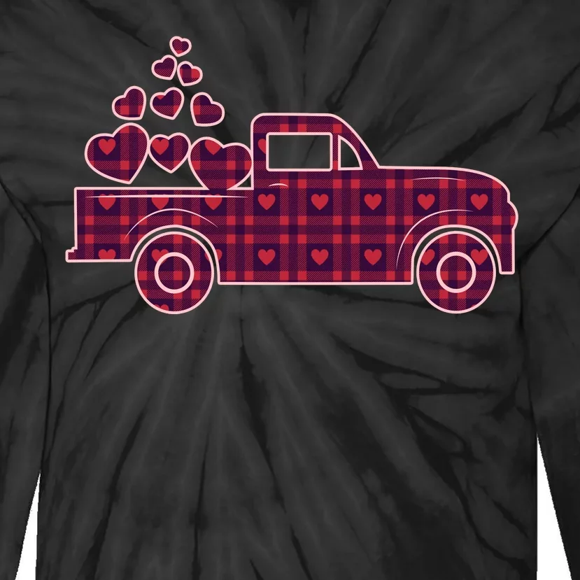 Cute Valentine's Day Plaid Pickup Truck With Hearts Tie-Dye Long Sleeve Shirt