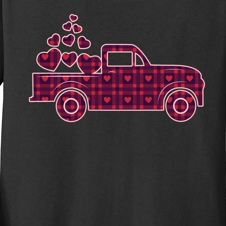 Cute Valentine's Day Plaid Pickup Truck With Hearts Kids Long Sleeve Shirt