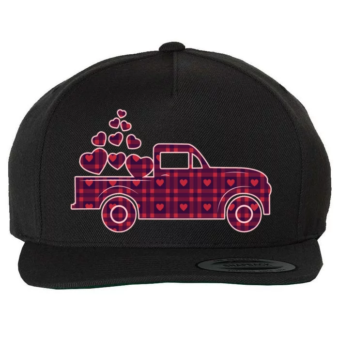 Cute Valentine's Day Plaid Pickup Truck With Hearts Wool Snapback Cap