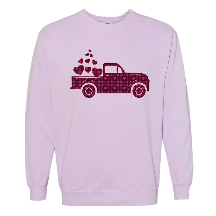 Cute Valentine's Day Plaid Pickup Truck With Hearts Garment-Dyed Sweatshirt