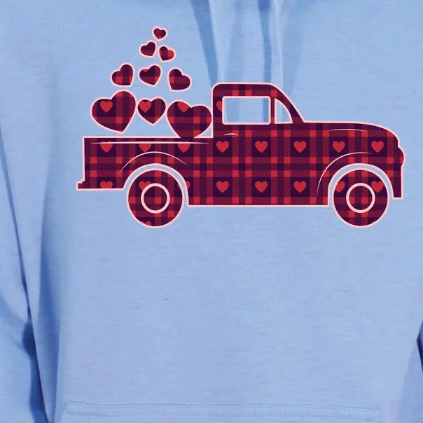 Cute Valentine's Day Plaid Pickup Truck With Hearts Unisex Surf Hoodie