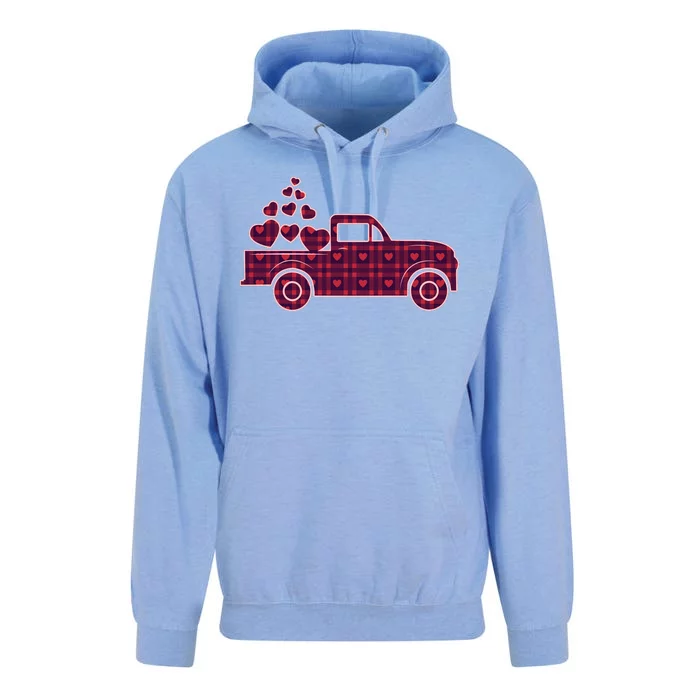 Cute Valentine's Day Plaid Pickup Truck With Hearts Unisex Surf Hoodie