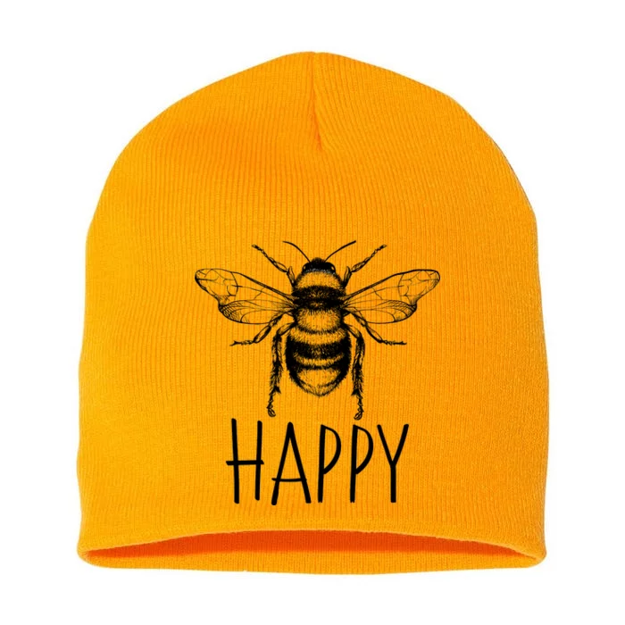 Cute Vintage Bee Happy Short Acrylic Beanie