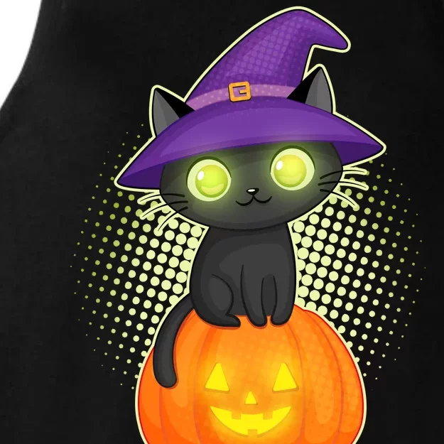 Cute Witch Kitten With Pumpkin Ladies Tri-Blend Wicking Tank