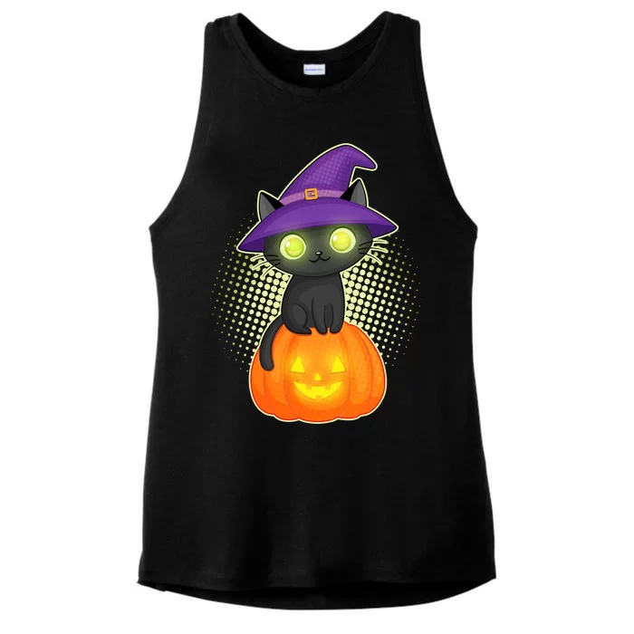 Cute Witch Kitten With Pumpkin Ladies Tri-Blend Wicking Tank