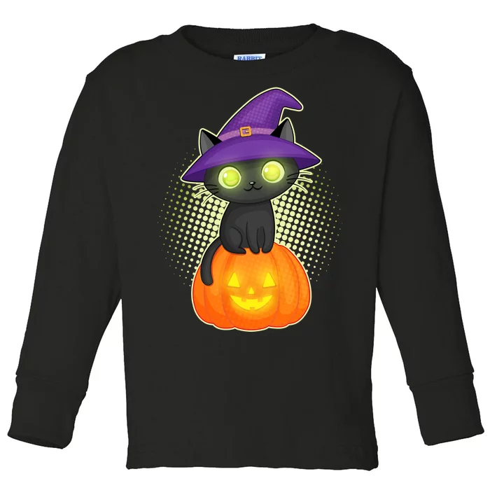 Cute Witch Kitten With Pumpkin Toddler Long Sleeve Shirt