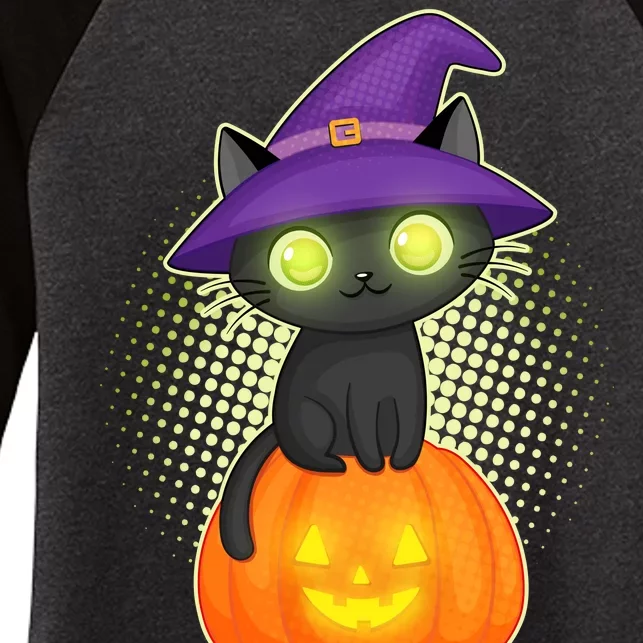 Cute Witch Kitten With Pumpkin Women's Tri-Blend 3/4-Sleeve Raglan Shirt