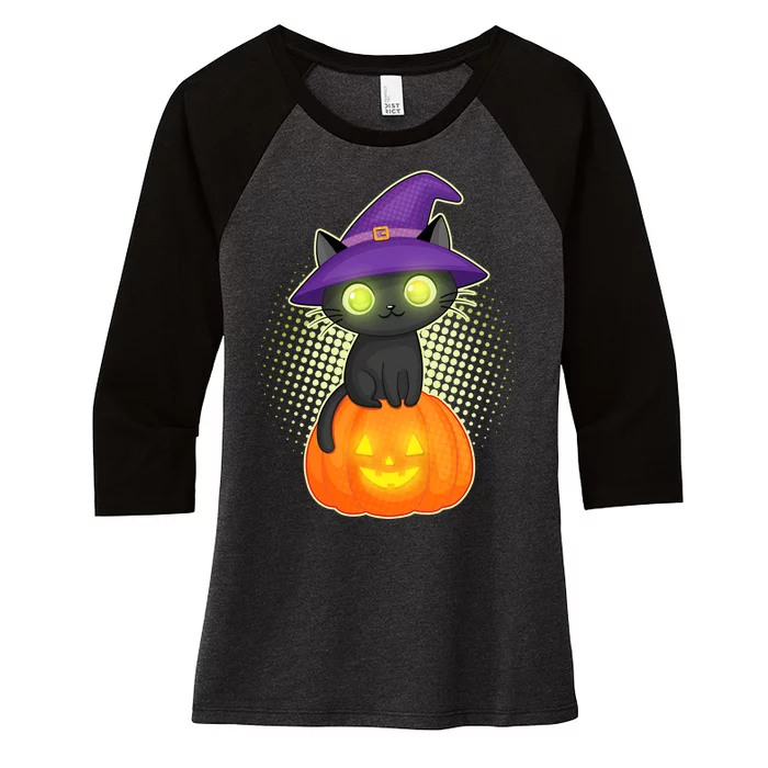 Cute Witch Kitten With Pumpkin Women's Tri-Blend 3/4-Sleeve Raglan Shirt