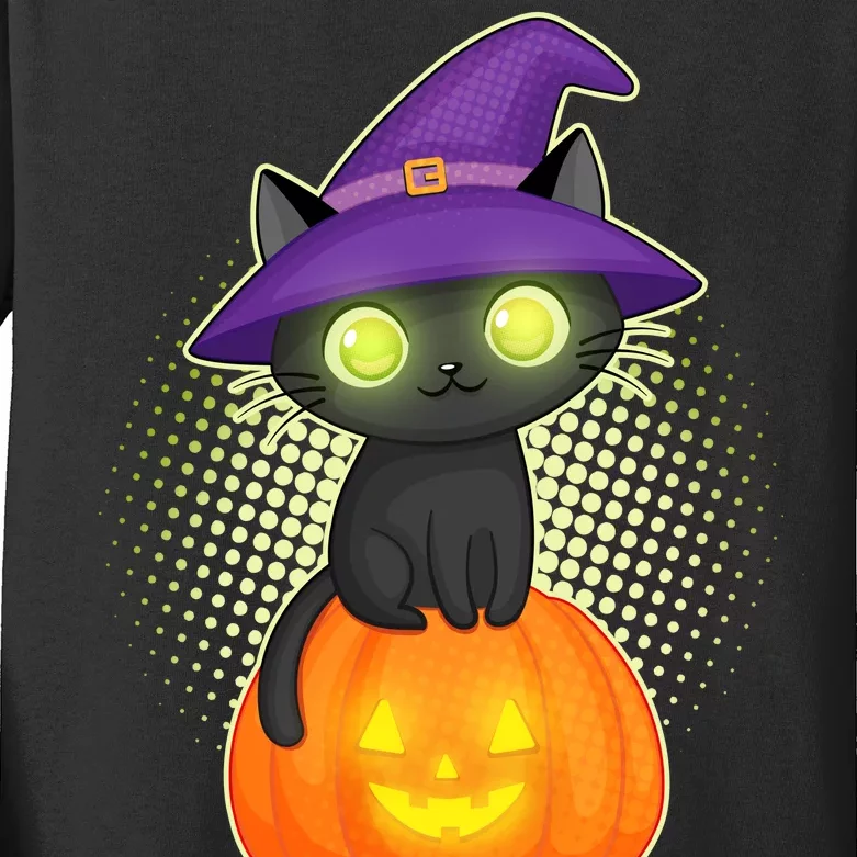 Cute Witch Kitten With Pumpkin Kids Long Sleeve Shirt