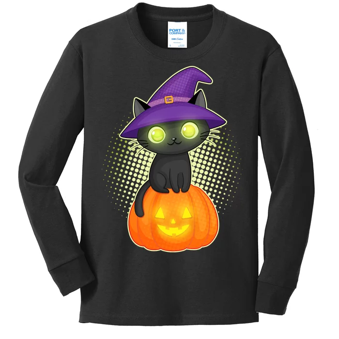 Cute Witch Kitten With Pumpkin Kids Long Sleeve Shirt