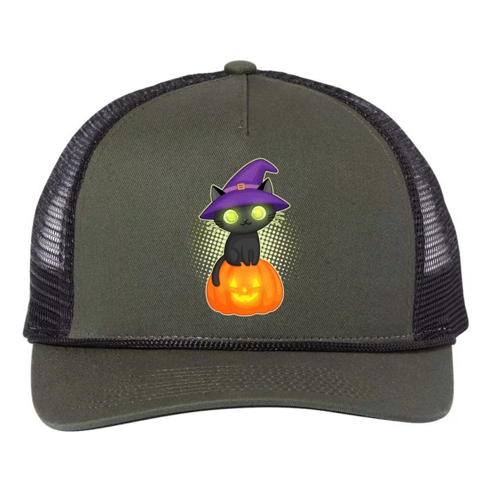 Cute Witch Kitten With Pumpkin Retro Rope Trucker Hat Cap