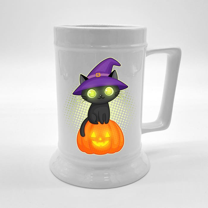 Cute Witch Kitten With Pumpkin Front & Back Beer Stein