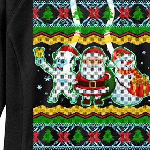 Cute Yeti Santa and Snowman Ugly Sweater Women's Fleece Hoodie