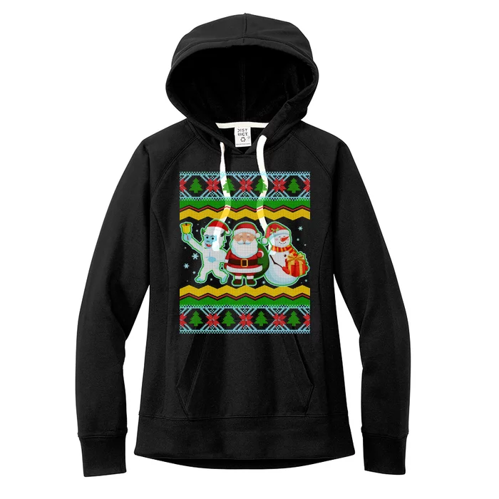 Cute Yeti Santa and Snowman Ugly Sweater Women's Fleece Hoodie