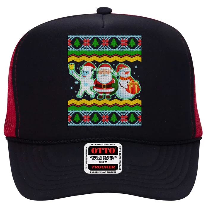 Cute Yeti Santa and Snowman Ugly Sweater High Crown Mesh Trucker Hat