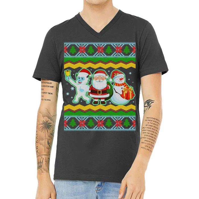 Cute Yeti Santa and Snowman Ugly Sweater V-Neck T-Shirt