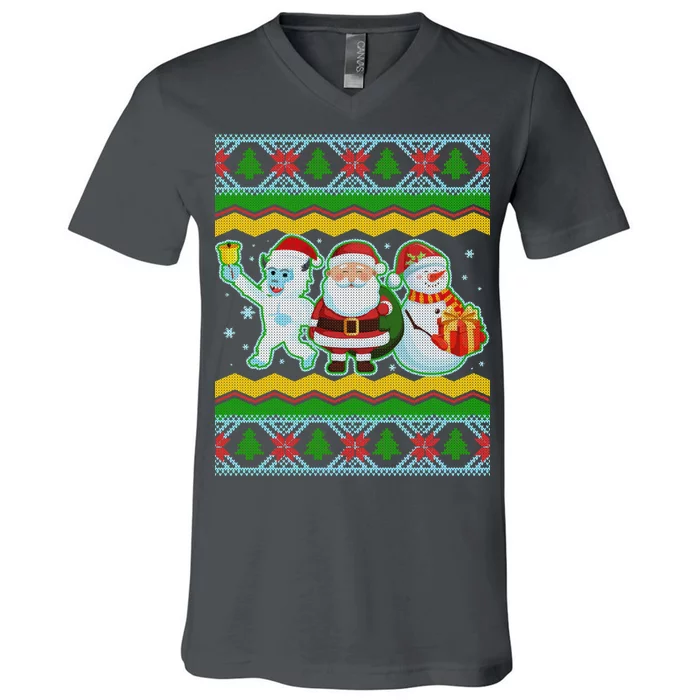 Cute Yeti Santa and Snowman Ugly Sweater V-Neck T-Shirt