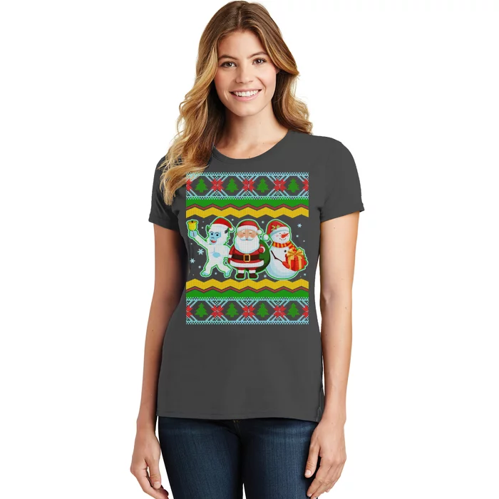 Cute Yeti Santa and Snowman Ugly Sweater Women's T-Shirt