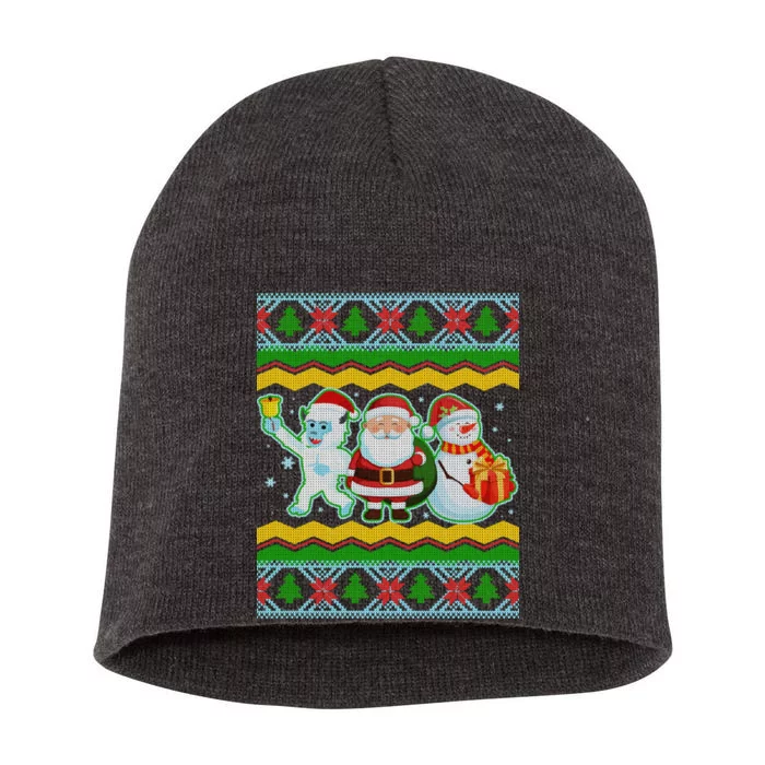 Cute Yeti Santa and Snowman Ugly Sweater Short Acrylic Beanie