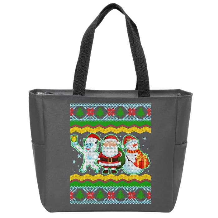 Cute Yeti Santa and Snowman Ugly Sweater Zip Tote Bag