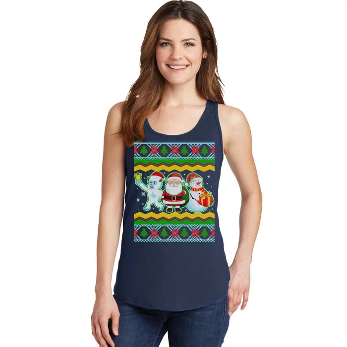 Cute Yeti Santa and Snowman Ugly Sweater Ladies Essential Tank