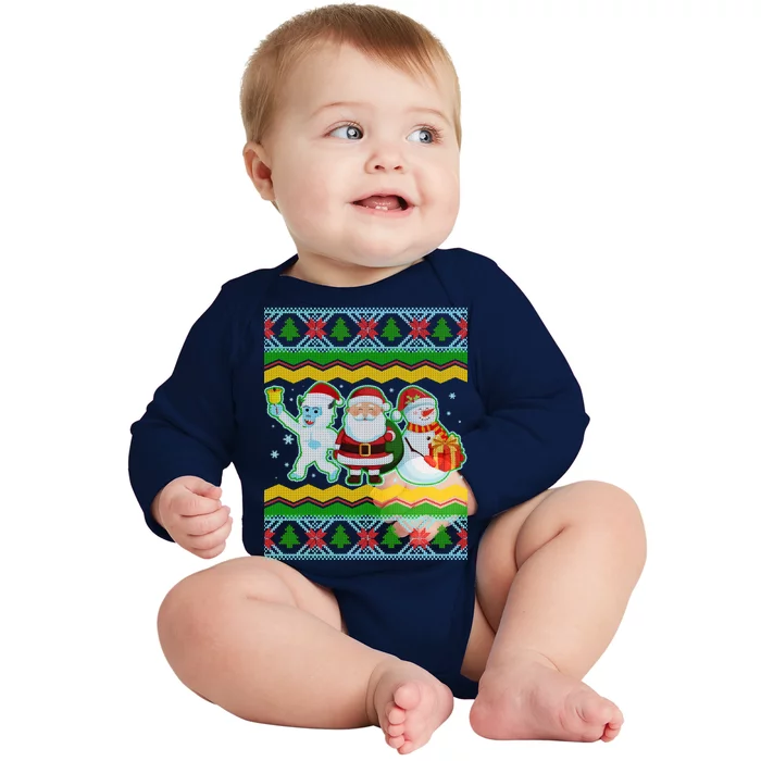 Cute Yeti Santa and Snowman Ugly Sweater Baby Long Sleeve Bodysuit