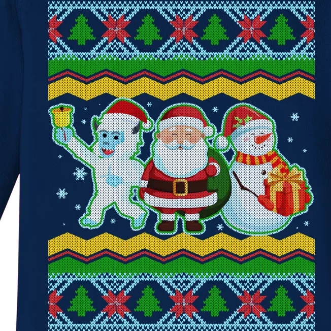 Cute Yeti Santa and Snowman Ugly Sweater Baby Long Sleeve Bodysuit