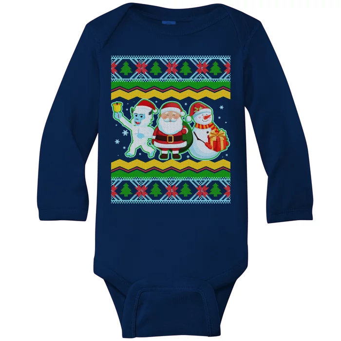 Cute Yeti Santa and Snowman Ugly Sweater Baby Long Sleeve Bodysuit