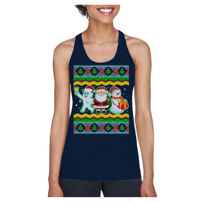 Cute Yeti Santa and Snowman Ugly Sweater Women's Racerback Tank