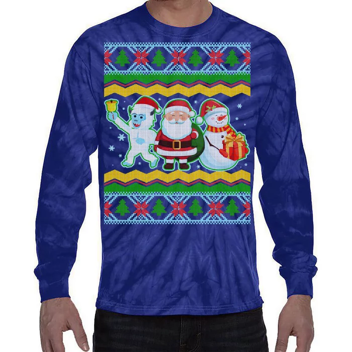 Cute Yeti Santa and Snowman Ugly Sweater Tie-Dye Long Sleeve Shirt