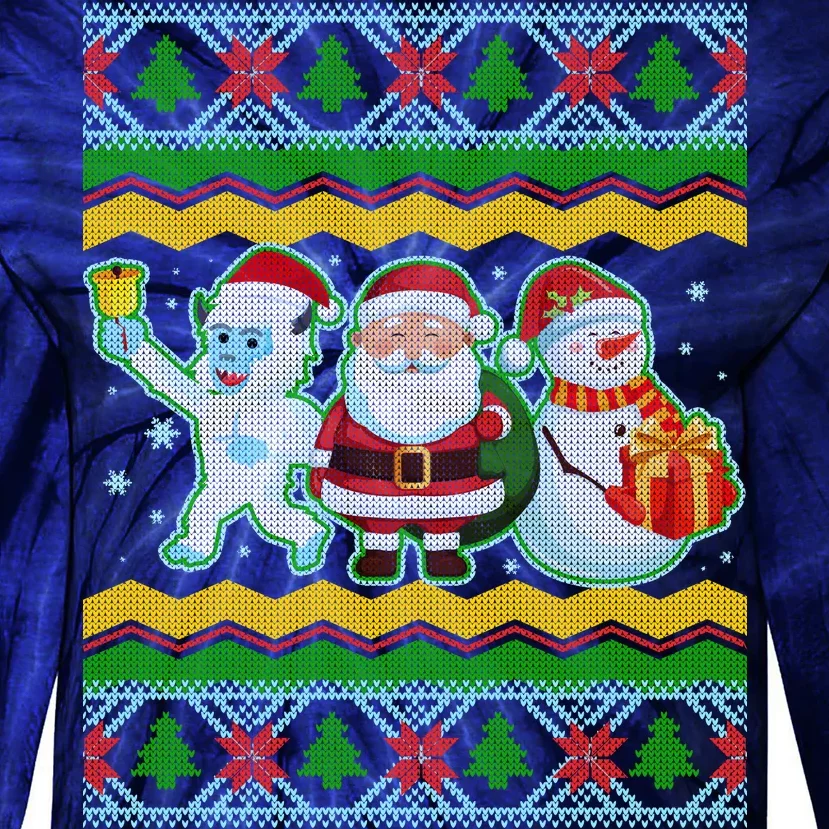 Cute Yeti Santa and Snowman Ugly Sweater Tie-Dye Long Sleeve Shirt