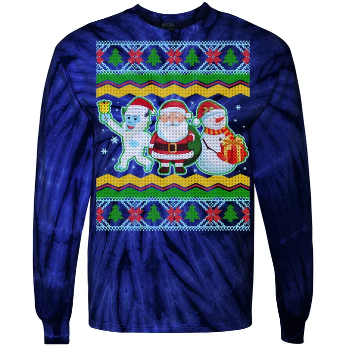 Cute Yeti Santa and Snowman Ugly Sweater Tie-Dye Long Sleeve Shirt