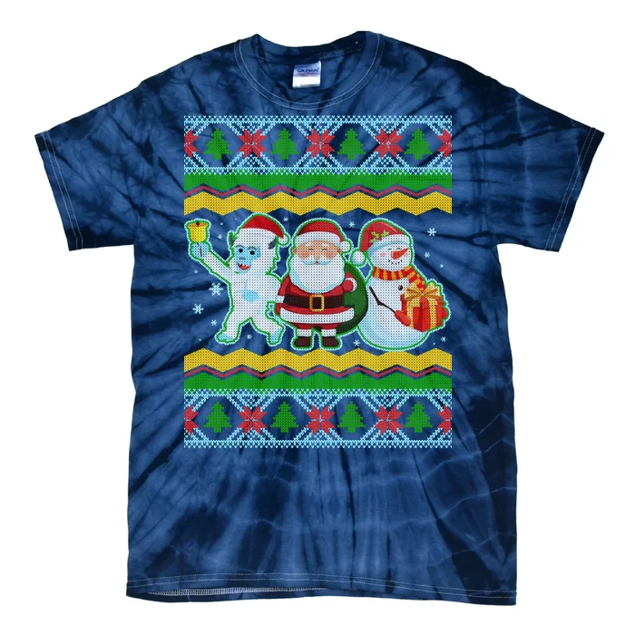 Cute Yeti Santa and Snowman Ugly Sweater Tie-Dye T-Shirt