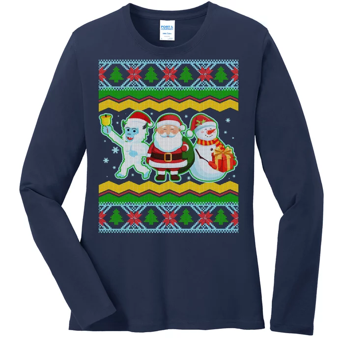 Cute Yeti Santa and Snowman Ugly Sweater Ladies Long Sleeve Shirt