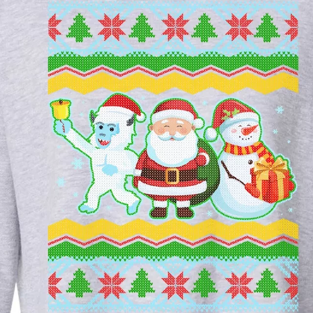 Cute Yeti Santa and Snowman Ugly Sweater Cropped Pullover Crew