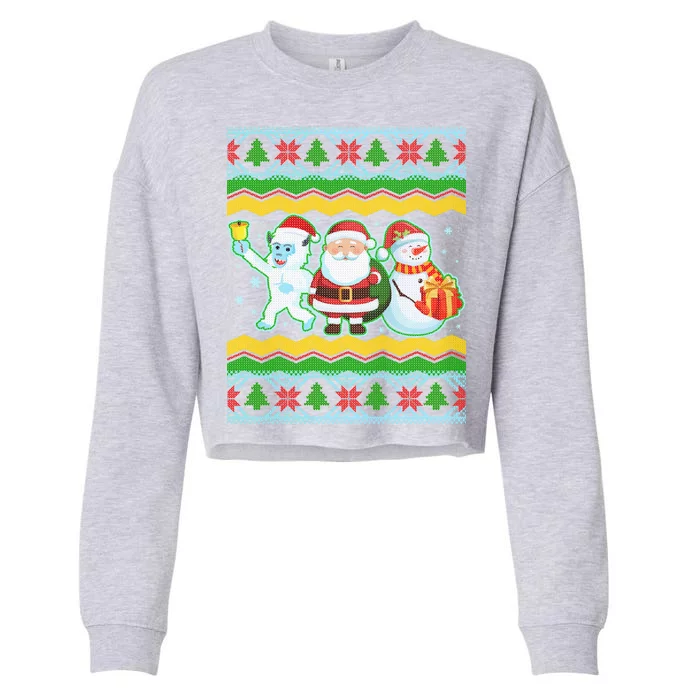 Cute Yeti Santa and Snowman Ugly Sweater Cropped Pullover Crew