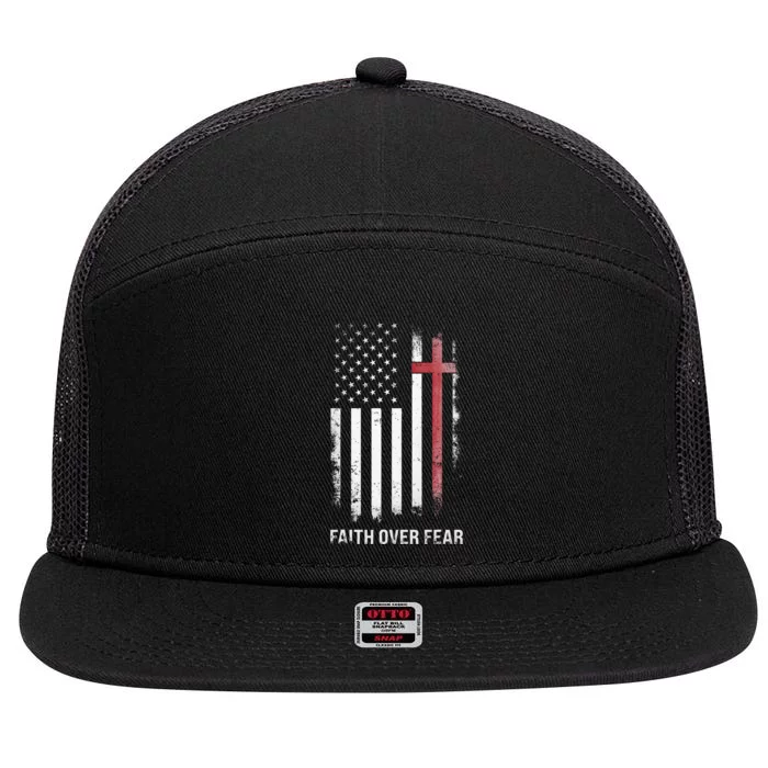 Christian Us Usa Flag American Christ Faith Over Fear Cross 7 Panel Mesh Trucker Snapback Hat