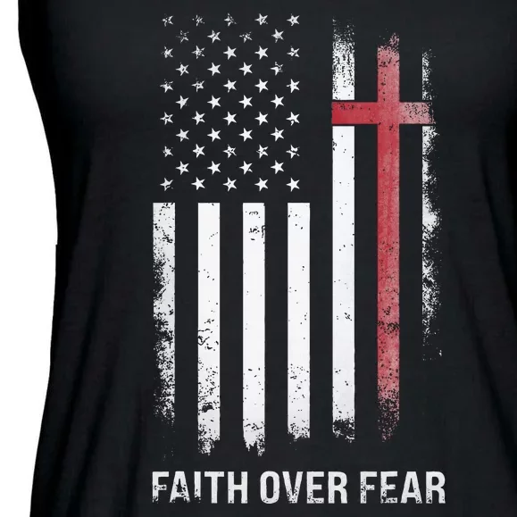 Christian Us Usa Flag American Christ Faith Over Fear Cross Ladies Essential Flowy Tank