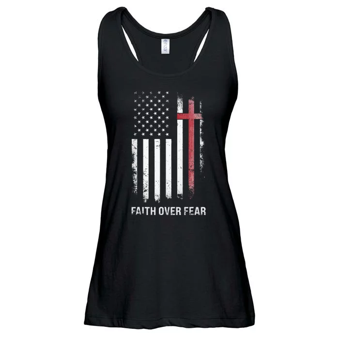 Christian Us Usa Flag American Christ Faith Over Fear Cross Ladies Essential Flowy Tank