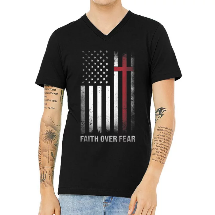 Christian US USA Flag American Christ Faith Over Fear Cross V-Neck T-Shirt