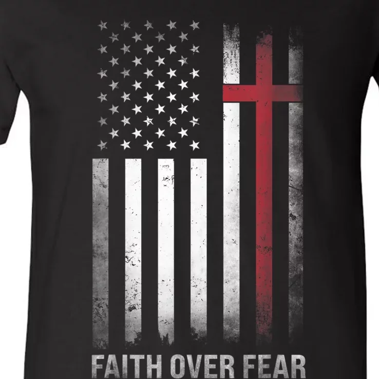 Christian US USA Flag American Christ Faith Over Fear Cross V-Neck T-Shirt