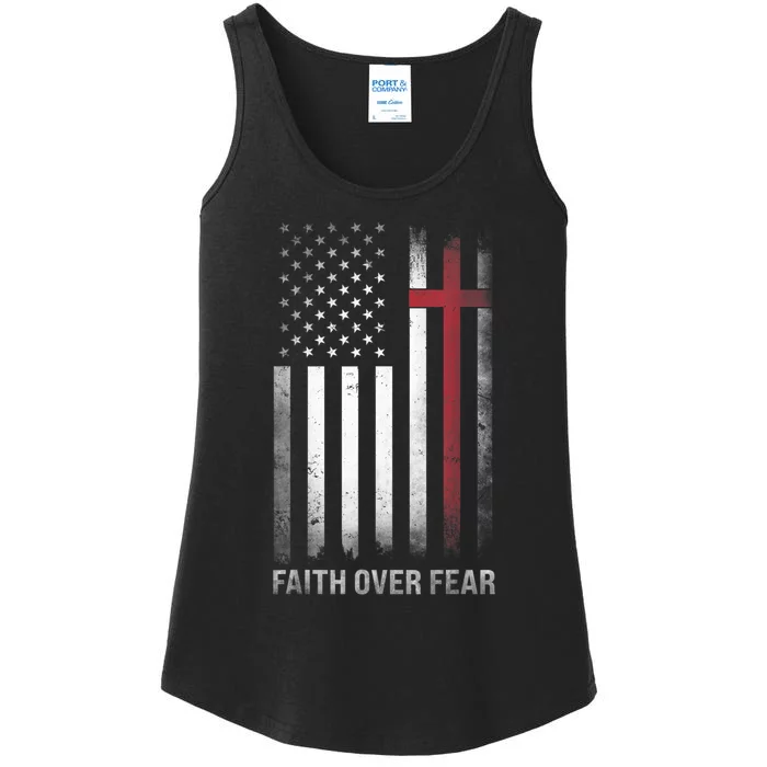 Christian US USA Flag American Christ Faith Over Fear Cross Ladies Essential Tank