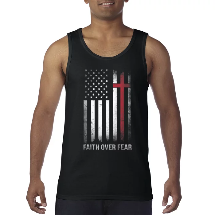 Christian US USA Flag American Christ Faith Over Fear Cross Tank Top