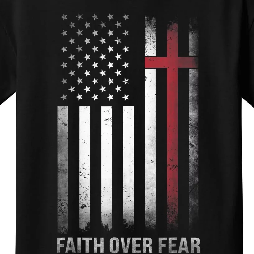 Christian US USA Flag American Christ Faith Over Fear Cross Kids T-Shirt