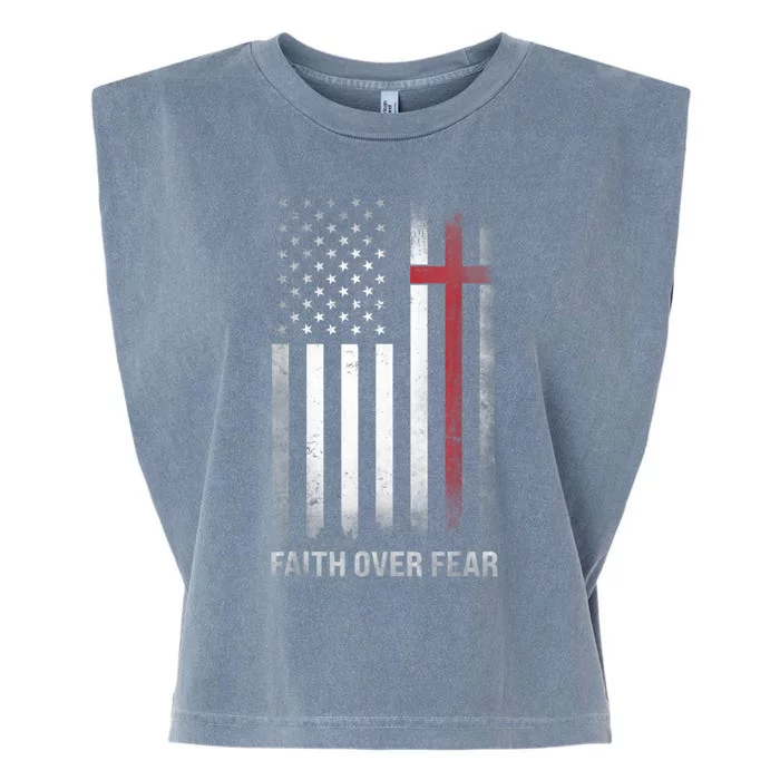 Christian US USA Flag American Christ Faith Over Fear Cross Garment-Dyed Women's Muscle Tee