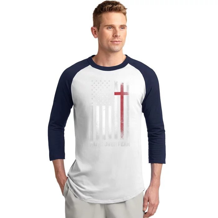 Christian US USA Flag American Christ Faith Over Fear Cross Baseball Sleeve Shirt