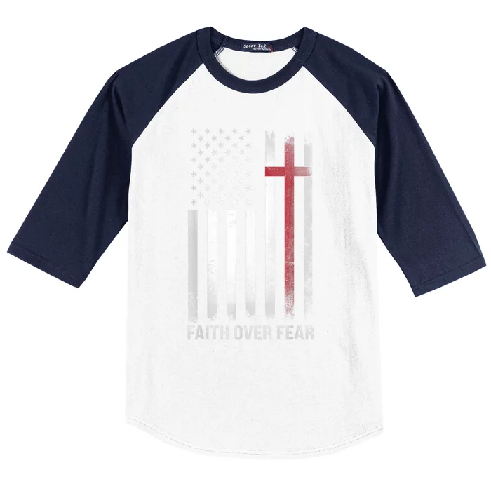 Christian US USA Flag American Christ Faith Over Fear Cross Baseball Sleeve Shirt